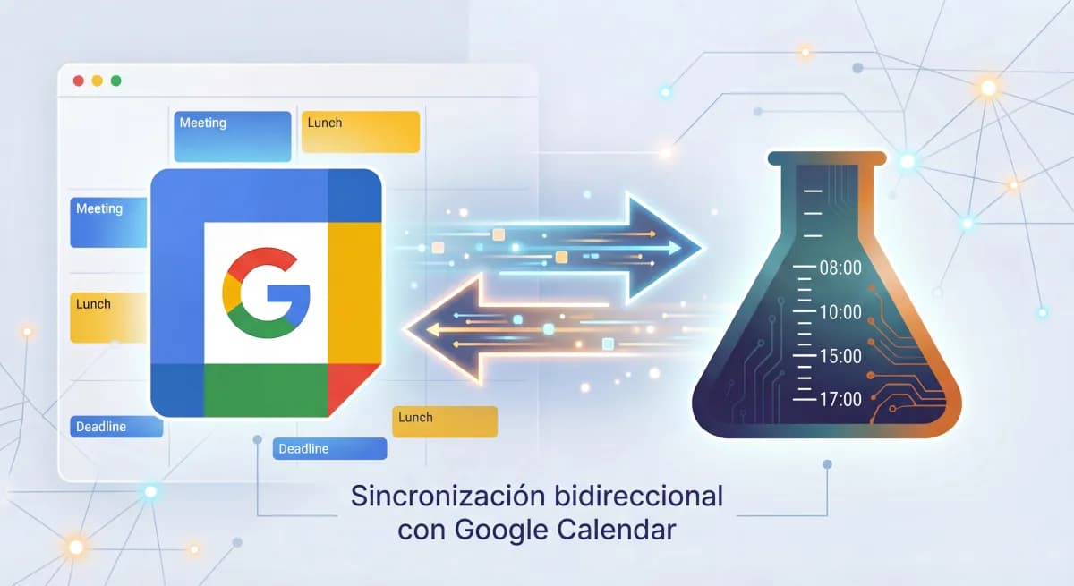 Google Calendar sincronizado en ambas direcciones.